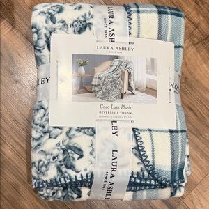Laura Ashley Blue Floral and Plaid Reversible Plush Throw Blanket